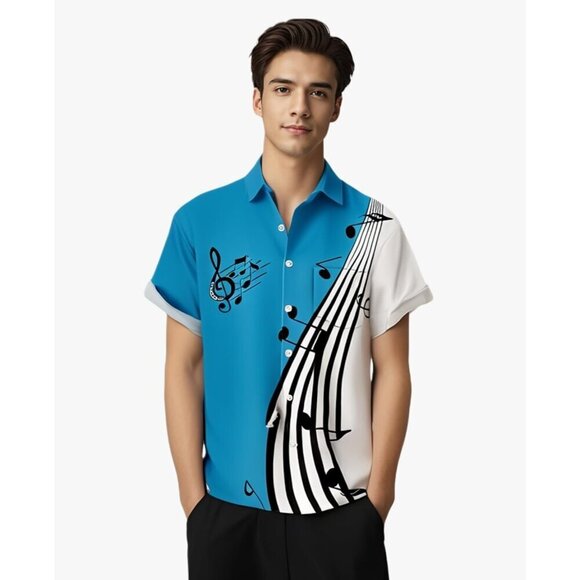 ❤️Men Blue Print Short Sleeve Regular Hawaiian Casual  Button Down Beach Shirts - Picture 6 of 8